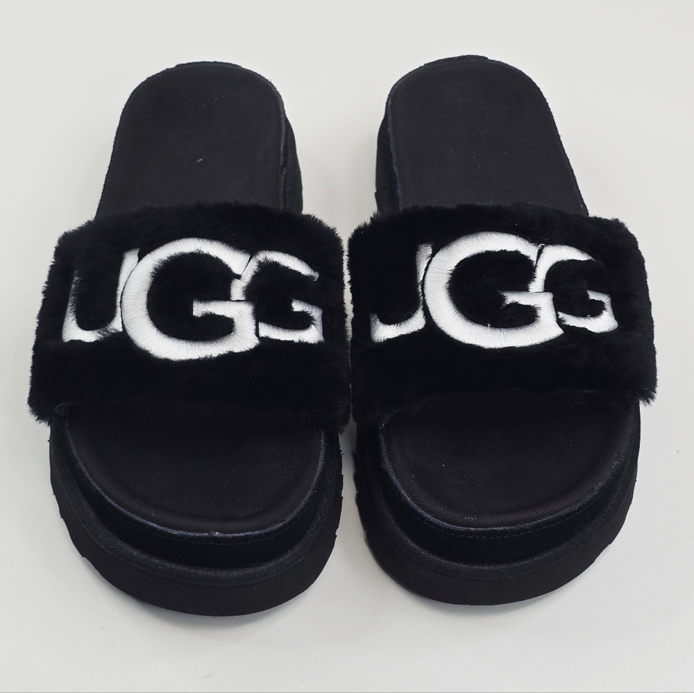 Ugg Lation Fur and Suede Slides Women's Size 10 Black White Platform SN1111236